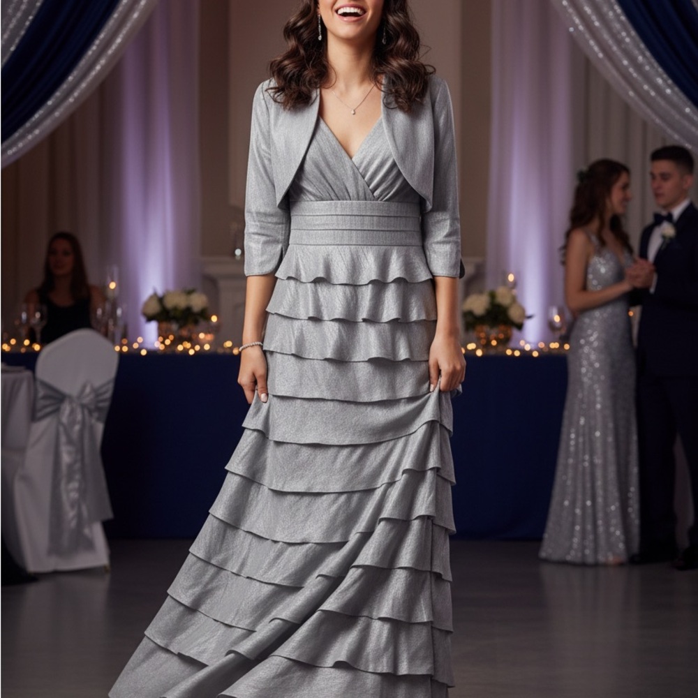 Wedding Guest/Formal/Prom/Cocktail, Adrianna Papell Silver Tiered Dress size 6